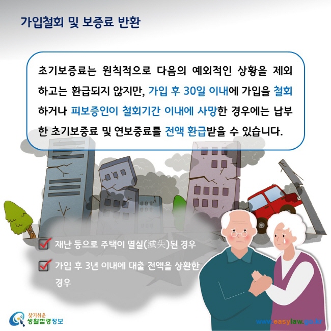 가입철회 및 보증료 반환 초기보증료는 원칙적으로 다음의 되지 않지만, 가입 후 30일 이내에 가입을 철회하거나 피보증인이 철회기간 이내에 사망한 경우에는 납부한 초기보증료 및 연보증료를 전액 환급받을 수 있습니다. V 재난 등으로 주택이 멸실(滅失)된 경우 V 가입 후 3년 이내에 대출 전액을 상환한 경우