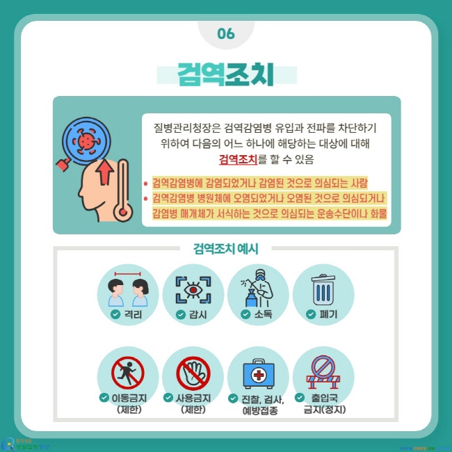 질병관리청장은 검역감염병 유입과 전파를 차단하기 위하여 다음의 어느하나에 해당하는 대상에 대해 검역조치를 할 수 있음. 검역감염병에 감염되었거나 감염된 것으로 의심되는 사람 / 검역감염병 병원체에 오염되었거나 오염된 것으로 의심되거나  감염병 매개체가 서식하는 것으로 의심되는 운송수단이나 화물. 검역조치 예시[격리, 감시, 소독, 폐기, 이동금지(제한), 사용금지(제한), 진찰, 검사, 예방접종, 출입국금지(정지)]