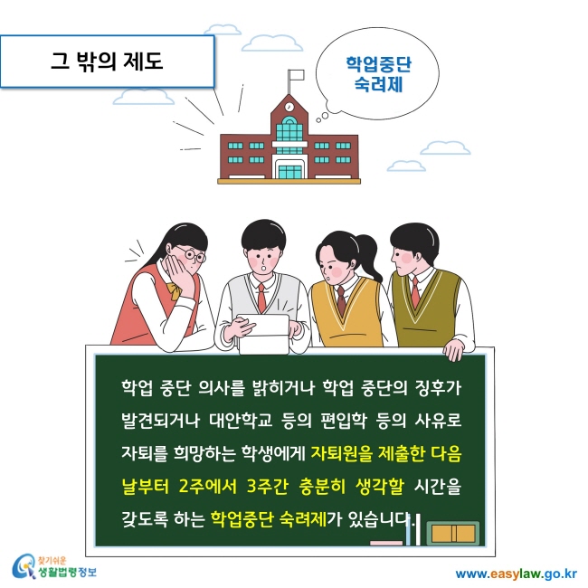 그 밖의 제도

학업 중단 의사를 밝히거나 학업 중단의 징후가 발견되거나 대안학교 등의 편입학 등의 사유로 자퇴를 희망하는 학생에게 자퇴원을 제출한 다음 날부터 2주에서 3주간 충분히 생각할 시간을 갖도록 하는 학업중단 숙려제가 있습니다. 