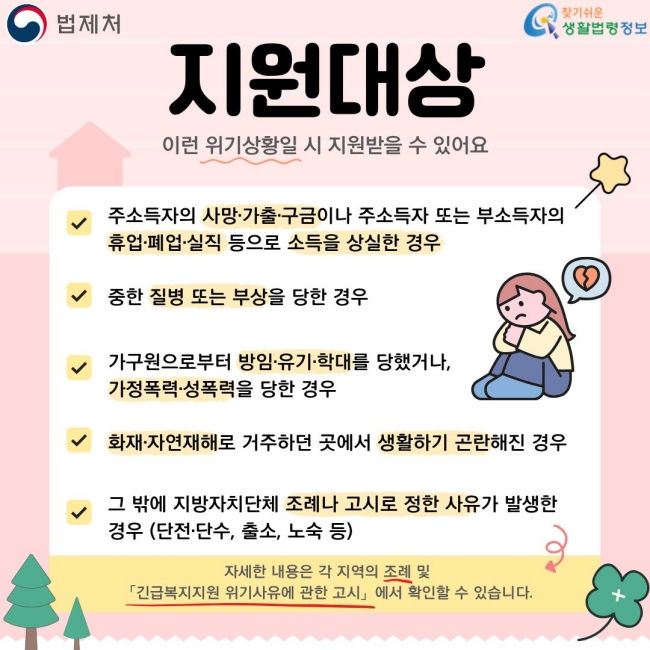 지원대상  이런 위기상황일 시 지원받을 수 있어요  ✓ 주소득자의 사망·가출·구금이나 주소득자 또는 부소득자의 휴업·폐업·실직 등으로 소득을 상실한 경우  ✓ 중한 질병 또는 부상을 당한 경우  ✓ 가구원으로부터 방임·유기·학대를 당했거나, 가정폭력·성폭력을 당한 경우  ✓ 화재·자연재해로 거주하던 곳에서 생활하기 곤란해진 경우  ✓ 그 밖에 지방자치단체 조례나 고시로 정한 사유가 발생한 경우 (단전·단수, 출소, 노숙 등)  자세한 내용은 각 지역의 조례 및 「긴급복지지원 위기상황에 관한 고시」에서 확인할 수 있습니다.