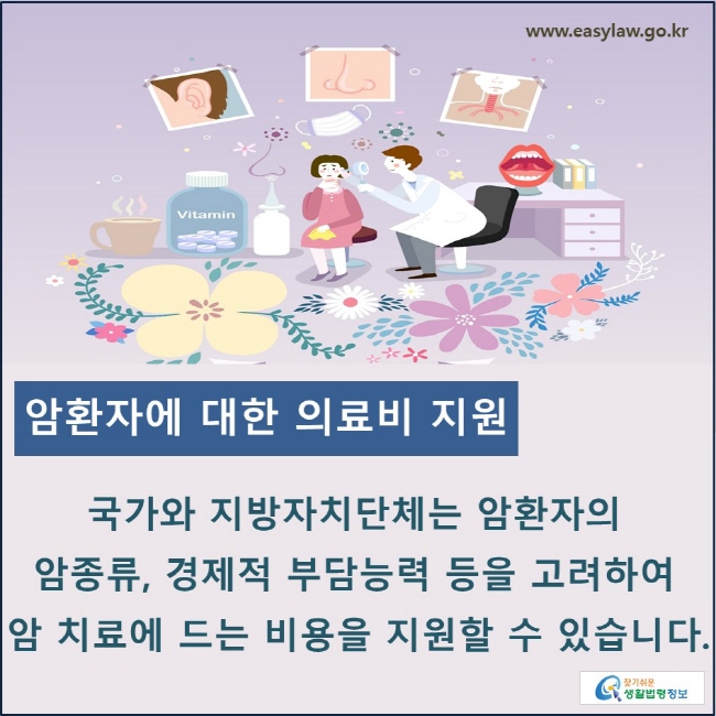 암환자에 대한 의료비 지원: 국가와 지방지지단체는 암환자의 암 종류별, 경제적 부담능력 등을 고려하여 암 치료에 드는 비용을 지원할 수 있습니다.
