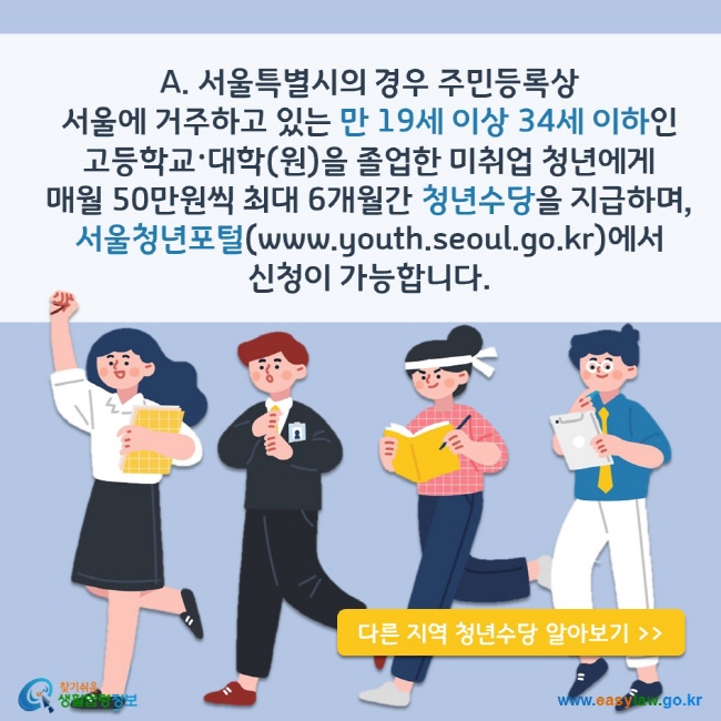 A. 서울특별시의 경우 주민등록상 서울에 거주하고 있는 만 19세 이상 34세 이하인 고등학교〮대학(원)을 졸업한 미취업 청년에게 매월 50만원씩 최대 6개월간 청년수당을 지급하며 서울청년포털(www.youth.seoul.go.kr)에서 신청이 가능합니다. 다른 지역 청년수당 알아보기 찾기쉬운 생활법령정보(www.easylaw.go.kr)