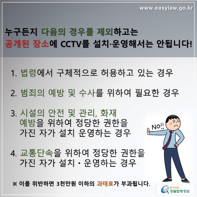 www.easylaw.go.kr 누구든지 다음의 경우를 제외하고는 공개된 장소에 CCTV를 설치·운영해서는 안됩니다! 1. 법령에서 구체적으로 허용하고 있는 경우 2. 범죄의 예방 및 수사를 위하여 필요한 경우 3. 시설의 안전 및 관리, 화재 예방을 위하여 정당한 권한을 가진 자가 설치 운영하는 경우 4. 교통단속을 위하여 정당한 권한을 가진 자가 설치ㆍ운영하는 경우 ※ 이를 위반하면 3천만원 이하의 과태료가 부과됩니다. 찾기쉬운 생활법령정보