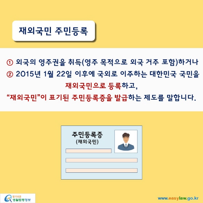 재외국민 주민등록

① 외국의 영주권을 취득(영주 목적으로 외국 거주 포함)하거나
② 2015년 1월 22일 이후에 국외로 이주하는 대한민국 국민을
재외국민으로 등록하고, “재외국민”이 표기된 주민등록증을 발급하는 제도를 말합니다.