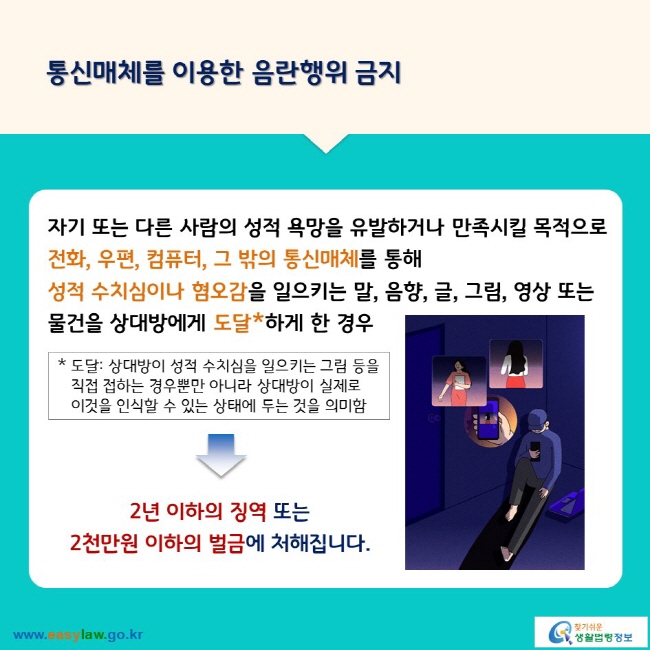 통신매체를 이용한 음란행위 금지 자기 또는 다른 사람의 성적 욕망을 유발하거나 만족시킬 목적으로 전화, 우편, 컴퓨터, 그 밖의 통신매체를 통해 성적 수치심이나 혐오감을 일으키는 말, 음향, 글, 그림, 영상 또는 물건을 상대방에게 도달*하게 한 경우 * 도달: 상대방이 성적 수치심을 일으키는 그림 등을 직접 접하는 경우뿐만 아니라 상대방이 실제로 이것을 인식할 수 있는 상태에 두는 것을 의미함 → 2년 이하의 징역 또는 2천만원 이하의 벌금에 처해집니다.