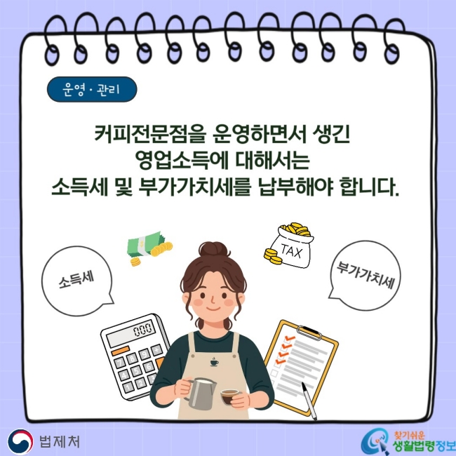 운영ㆍ관리 커피전문점을 운영하면서 생긴 영업소득에 대해서는 소득세 및 부가가치세를 납부해야 합니다.