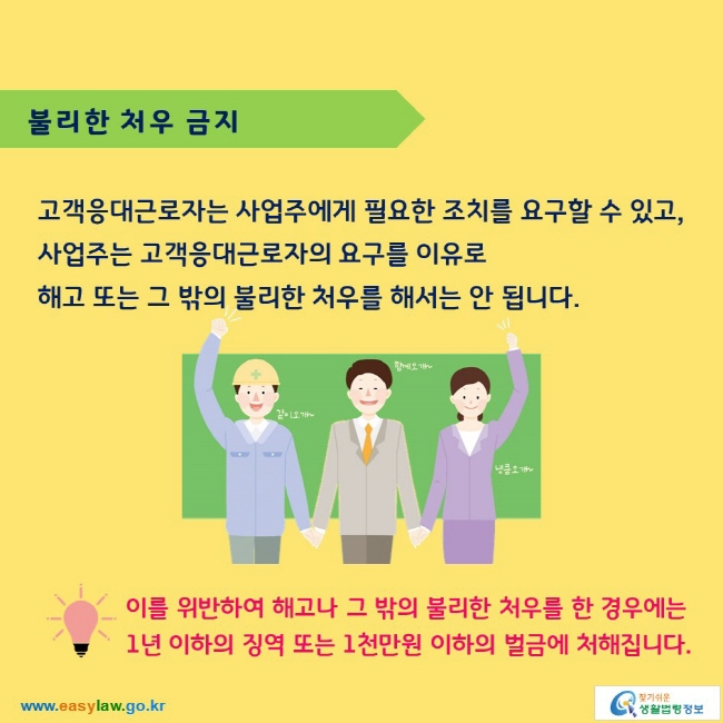 불리한 처우 금지

고객응대근로자는 사업주에게 필요한 조치를 요구할 수 있고, 사업주는 고객응대근로자의 요구를 이유로 해고 또는 그 밖의 불리한 처우를 해서는 안 됩니다.

이를 위반하여 해고나 그 밖의 불리한 처우를 한 경우에는 1년 이하의 징역 또는 1천만원 이하의 벌금에 처해집니다.