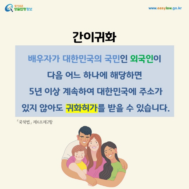 간이귀화: 배우자가 대한민국의 국민인 외국인이  다음 어느 하나에 해당하면  5년 이상 계속하여 대한민국에 주소가  있지 않아도 귀화허가를 받을 수 있습니다.「국적법」 제6조제2항