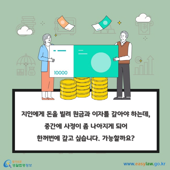 지인에게 돈을 빌려 원금과 이자를 갚아야 하는데, 중간에 사정이 좀 나아지게 되어 한꺼번에 갚고 싶습니다. 가능할까요?