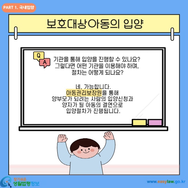 보호대상 아동의 입양 기관을 통해 입양을 진행할 수 있나요? 그럻다면 어떤 기관을 이용해야 하며, 절차는 어떻게 되나요? 네, 가능합니다. 아동권리보장원을 통해 양부모가 되려는 사람의 입양신청과 양자가 될 아동의 결연으로 입양절차가 진행됩니다.