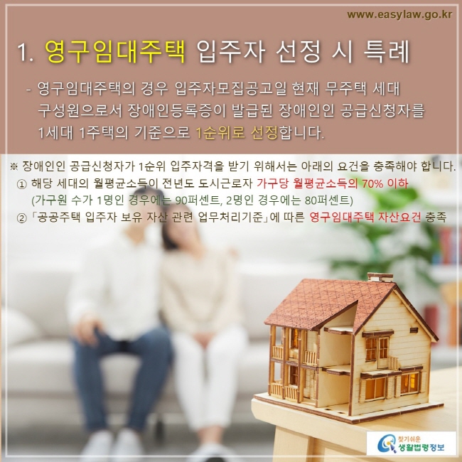 1. 영구임대주택 입주자 선정 시 특례
- 영구임대주택의 경우 입주자모집공고일 현재 무주택 세대 구성원으로서 장애인등록증이 발급된 장애인인 공급신청자를 1세대 1주택의 기준으로 1순위로 선정합니다
※ 장애인인 공급신청자가 1순위 입주자격을 받기 위해서는 아래의 요건을 충족해야 합니다.
  ① 해당 세대의 월평균소득이 전년도 도시근로자 가구당 월평균소득의 70% 이하
      (가구원 수가 1명인 경우에는 90퍼센트, 2명인 경우에는 80퍼센트)
  ② 「공공주택 입주자 보유 자산 관련 업무처리기준」에 따른 영구임대주택 자산요건 충족