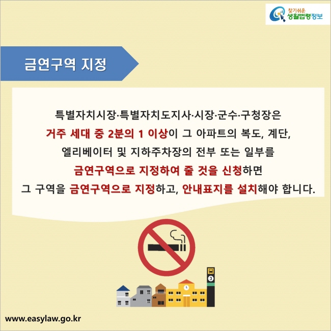 금연구역 지정 : 특별자치시장·특별자치도지사·시장·군수·구청장은 거주 세대 중 2분의 1 이상이 그 아파트의 복도, 계단,엘리베이터 및 지하주차장의 전부 또는 일부를 금연구역으로 지정하여 줄 것을 신청하면 그 구역을 금연구역으로 지정하고, 안내표지를 설치해야 합니다.