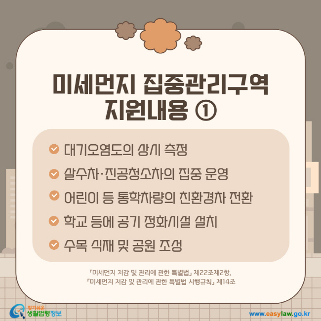 미세먼지 집중관리구역 지원내용 ①: 대기오염도의 상시 측정, 살수차·진공청소차의 집중 운영, 어린이 등 통학차량의 친환경차 전환, 학교 등에 공기 정화시설 설치, 수목 식재 및 공원 조성. 「미세먼지 저감 및 관리에 관한 특별법」 제22조제2항 및 「미세먼지 저감 및 관리에 관한 특별법 시행규칙」 제14조

