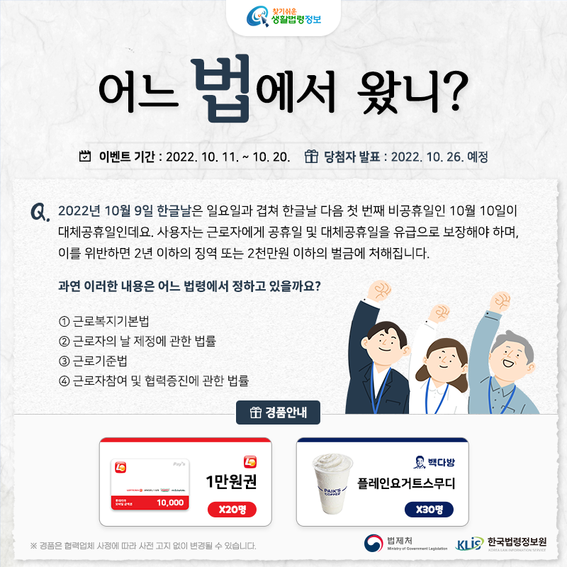 찾기 쉬운 생활법령정보 어느 법에서 왔니? 이벤트 기간: 2022. 10. 11.~10. 20. 당첨자 발표: 2022. 10. 26. 예정  Q. 2022년 10월 9일 한글날은 일요일과 겹쳐 한글날 다음 첫 번째 비공휴일인 10월 10일이 대체공휴일인데요.    사용자는 근로자에게 공휴일 및 대체공휴일을 유급으로 보장해야 하며, 이를 위반하면 2년 이하의 징역 또는 2천만원 이하의 벌금에 처해집니다.     과연 이러한 내용은 어느 법령에서 정하고 있을까요?     ① 근로복지기본법    ② 근로자의 날 제정에 관한 법률    ③ 근로기준법    ④ 근로자참여 및 협력증진에 관한 법률  경품안내: 롯데리아] 1만원권 20명, 빽다방 플레인요거트스무디 30명  ※ 경품은 협력업체 사정에 따라 사전 고지 없이 변경될 수 있습니다.  법제처 한국법령정보원