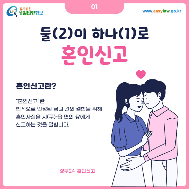 01. 둘이 하나로 혼인신고. 혼인신고란? 혼인신고란 법적으로 인정된 남녀 간의 결합을 위해 혼인사실을 시(구) 읍 면의 장에게 신고하는 것을 말합니다. 정부24-혼인신고