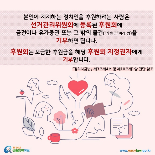 본인이 지지하는 정치인을 후원하려는 사람은  선거관리위원회에 등록된 후원회에  금전이나 유가증권 또는 그 밖의 물건(“후원금”이라 함)을  기부하면 됩니다.  후원회는 모금한 후원금을 해당 후원회 지정권자에게  기부합니다.