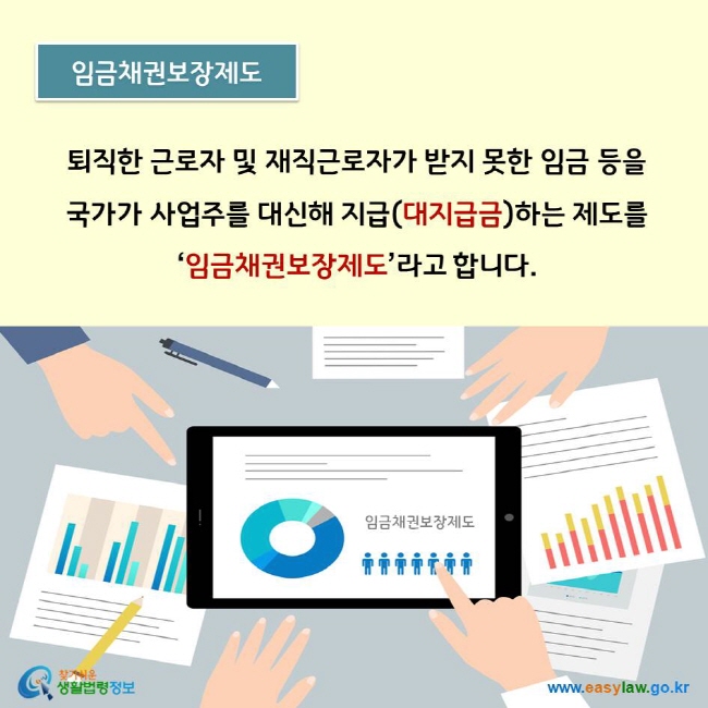 퇴직한 근로자 및 재직근로자가 받지 못한 임금 등을  국가가 사업주를 대신해 지급(대지급금)하는 제도를  ‘임금채권보장제도’라고 합니다. 