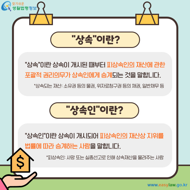 상속이란? 상속이란 상속이 개시된 때부터 피상속인의 재산에 관한 포괄적 권리의무가 상속인에게 승계되는 것을 말합니다. *상속되는 재산: 소유권 등의 물권, 위자료청구권 등의 채권, 일반채무 등 상속인이란? 상속인이란 상속이 개시되어 피상속인의 재산상 지위를 법률에 따라 승계하는 사람을 말합니다. *피상속인: 사망 또는 실종선고로 인해 상속재산을 물려주는 사람