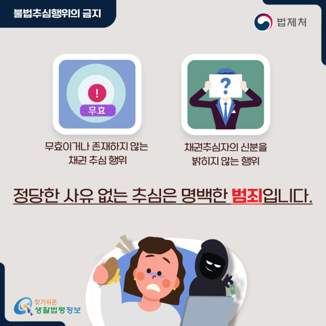 불법추심행위의 금지 무효이거나 존재하지 않는 채권 추심 행위 채권추심자의 신분을 밝히지 않는 행위 정당한 사유 없는 추심은 명백한 범죄입니다.