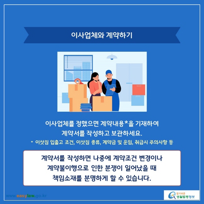 이사업체와 계약하기

이사업체를 정했으면 계약내용*을 기재하여 계약서를 작성하고 보관하세요.
* 이삿짐 입출고 조건, 이삿짐 종류, 계약금 및 운임, 취급시 주의사항 등

계약서를 작성하면 나중에 계약조건 변경이나 계약불이행으로 인한 분쟁이 일어났을 때 책임소재를 분명하게 할 수 있습니다.