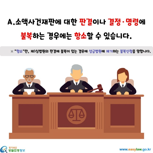 소액사건재판에 대한 판결이나 결정·명령에  불복하는 경우에는 항소할 수 있습니다.