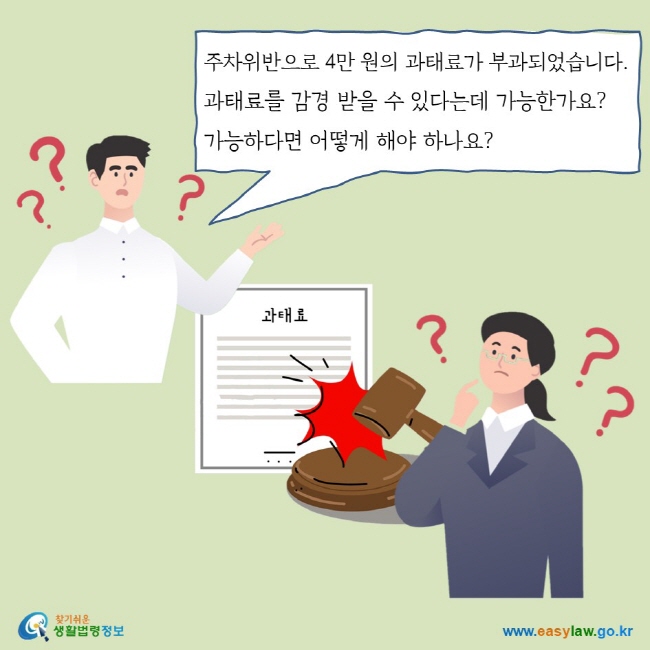 주차위반으로 4만 원의 과태료가 부과되었습니다. 과태료를 감경 받을 수 있다는데 가능한가요? 가능하다면 어떻게 해야 하나요?
찾기쉬운 생활법령정보 로고 
www.easylaw.go.kr