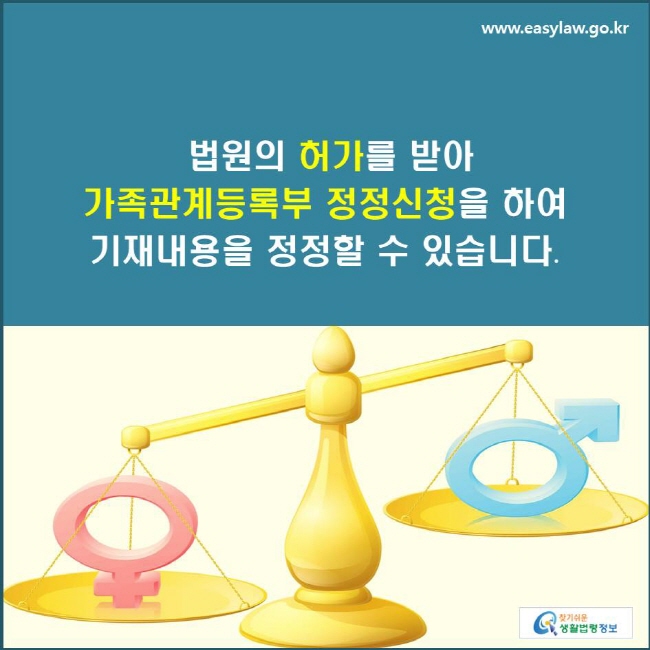 법원의 허가를 받아 가족관계등록부 정정신청을 하여 기재내용을 정정할 수 있습니다.