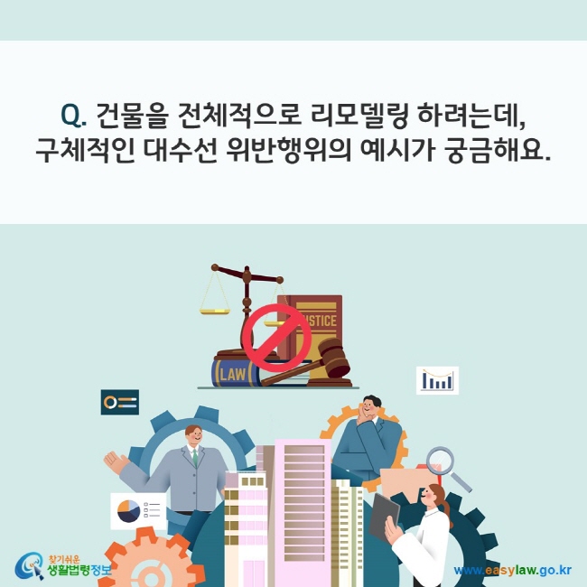 Q. 건물을 전체적으로 리모델링 하려는데, 구체적인 대수선 위반행위의 예시가 궁금해요. 찾기쉬운 생활법령정보(www.easylaw.go.kr)