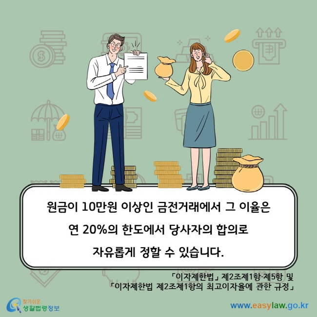 원금이 10만원 이상인 금전거래에서 그 이율은 연 20%의 한도에서 당사자의 합의로 자유롭게 정할 수 있습니다. 「이자제한법」 제2조제1항·제5항 및 「이자제한법 제2조제1항의 최고이자율에 관한 규정」