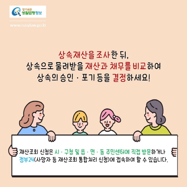 찾기쉬운생활법령정보
www.easylaw.go.kr

상속재산을 조사한 뒤, 
상속으로 물려받을 재산과 채무를 비교하여 
상속의 승인·포기 등을 결정하세요!

재산조회 신청은 시·구청 및 읍·면·동 주민센터에 직접 방문하거나 정부24(사망자 등 재산조회 통합처리 신청)에 접속하여 할 수 있습니다.

