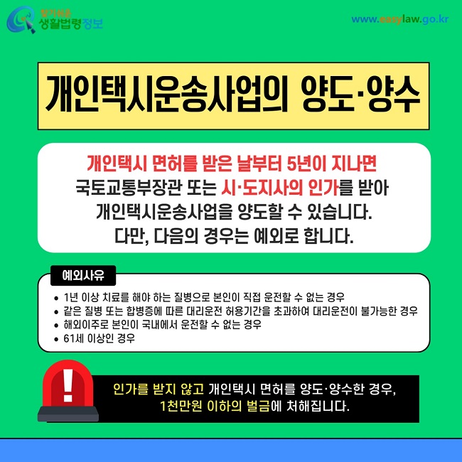 개인택시운송사업의 양도·양수 개인택시 면허를 받은 날부터 5년이 지나면 국토교통부장관 또는 시·도지사의 인가를 받아 개인택시운송사업을 양도할 수 있습니다. 다만 다음의 경우는 예외로 합니다. 1년 이상 치료를 해야 하는 질병으로 본인이 직접 운전할 수 없는 경우. 같은 질병 또는 합병증에 따른 대리운전 허용기간을 초과하여 대리운전이 불가능한 경우. 해외이주로 본인이 국내에서 운전할 수 없는 경우. 61세 이상인 경우. 인가를 받지 않고 개인택시 면허를 양도 양수한 경우 1천만원 이하의 벌금에 처해집니다.