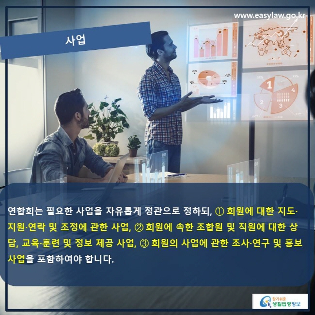 www.easylaw.go.kr 사업 연합회는 필요한 사업을 자유롭게 정관으로 정하되, ① 회원에 대한 지도·지원·연락 및 조정에 관한 사업, ② 회원에 속한 조합원 및 직원에 대한 상담, 교육·훈련 및 정보 제공 사업, ③ 회원의 사업에 관한 조사·연구 및 홍보 사업을 포함하여야 합니다.