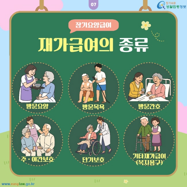 노인장기요양보험 재가급여의&nbsp;종류: 방문요양, 방문목욕, 방문간호, 주ㆍ야간보호, 단기보호, 기타재가급여(복지용구)