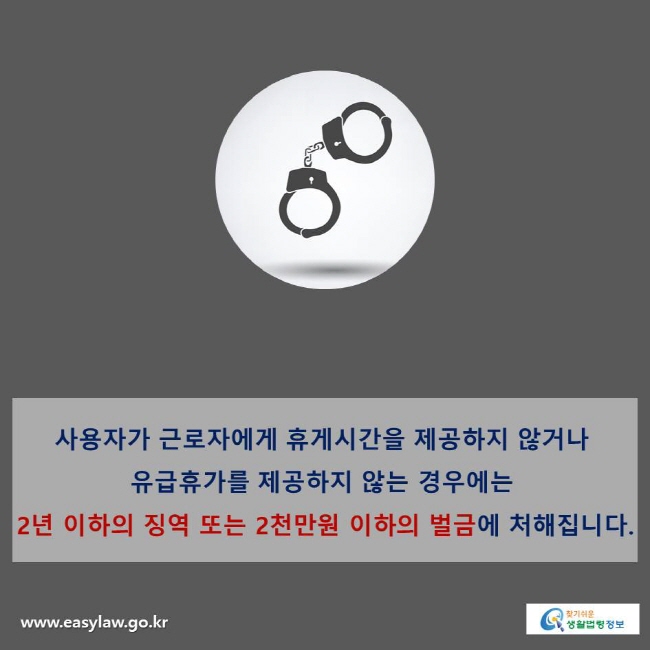 사용자가 근로자에게 휴게시간을 제공하지 않거나 유급휴가를 제공하지 않는 경우에는 2년 이하의 징역 또는 2천만원 이하의 벌금에 처해집니다.