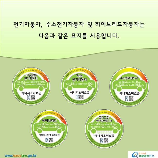전기자동차, 수소전기자동차 및 하이브리드자동차는 다음과 같은 표지를 사용합니다.
