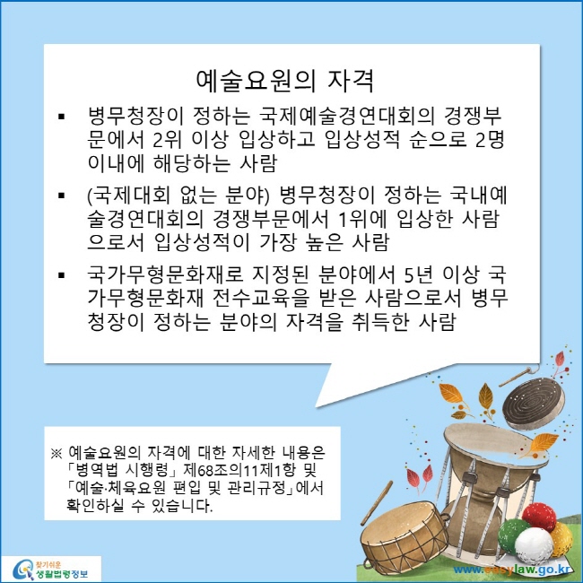 www.easylaw.go.kr 예술요원의 자격 ● 병무청장이 정하는 국제예술경연대회의 경쟁부문에서 2위 이상 입상하고 입상성적 순으로 2명 이내에 해당하는 사람 ● (국제대회 없는 분야) 병무청장이 정하는 국내예술경연대회의 경쟁부문에서 1위에 입상한 사람으로서 입상성적이 가장 높은 사람 ● 국가무형문화재로 지정된 분야에서 5년 이상 국가무형문화재 전수교육을 받은 사람으로서 병무청장이 정하는 분야의 자격을 취득한 사람  ※ 예술요원의 자격에 대한 자세한 내용은 「병역법 시행령」 제68조의11제1항 및 「예술·체육요원 편입 및 관리규정」에서 확인하실 수 있습니다.