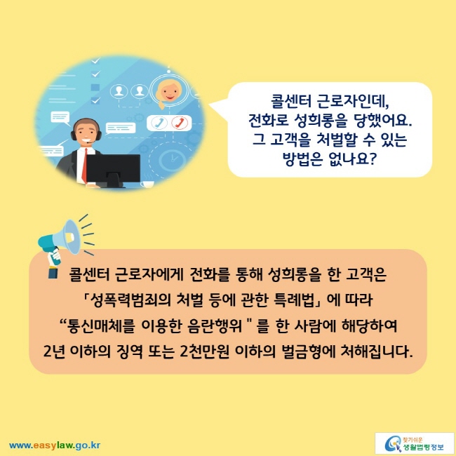 콜센터 근로자인데, 전화로 성희롱을 당했어요. 그 고객을 처벌할 수 있는 방법은 없나요?

콜센터 근로자에게 전화를 통해 성희롱을 한 고객은 「성폭력범죄의 처벌 등에 관한 특례법」 에 따라 “통신매체를 이용한 음란행위＂를 한 사람에 해당하여 2년 이하의 징역 또는 2천만원 이하의 벌금형에 처해집니다.