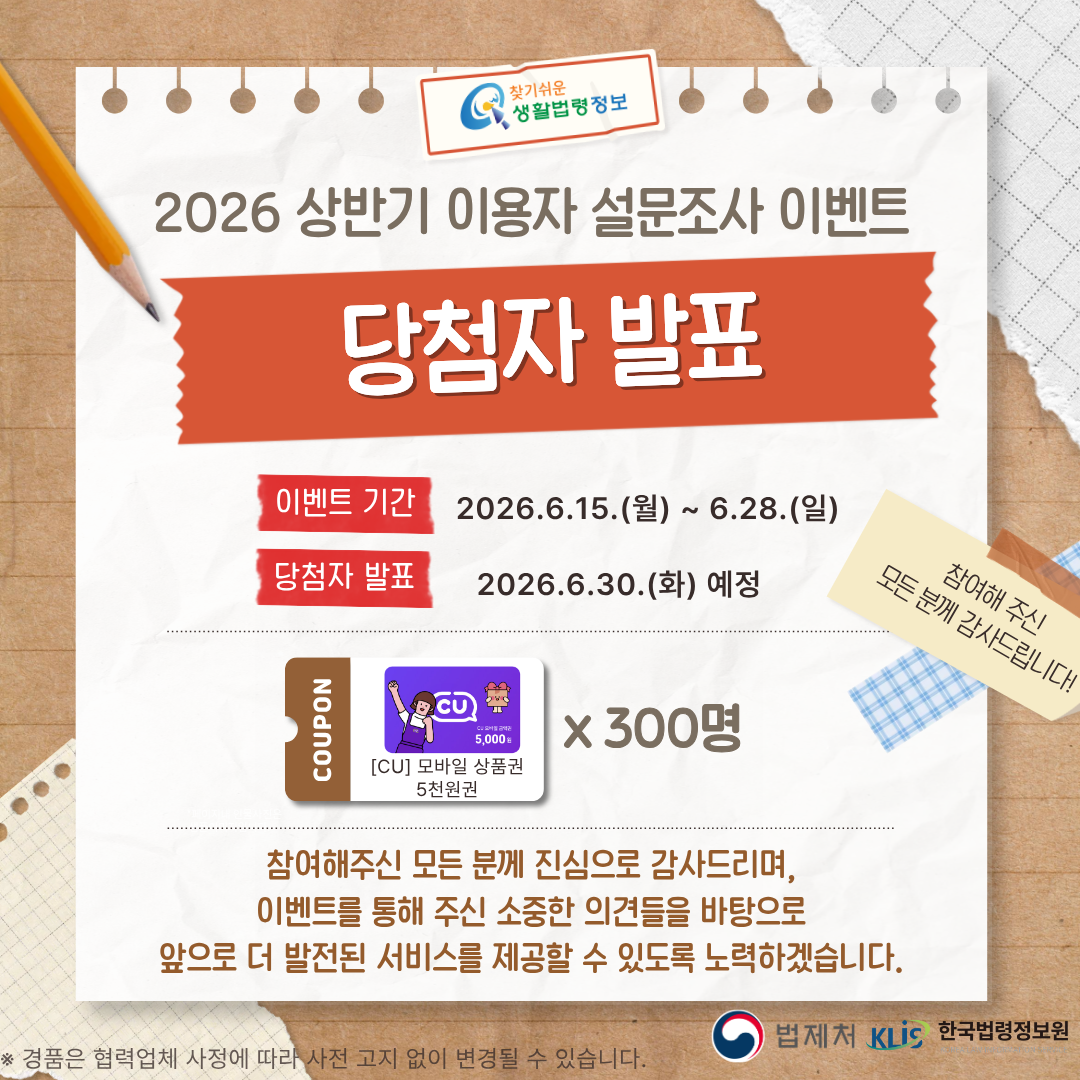 찾기 쉬운 생활법령정보 2026 상반기 이용자 설문조사 이벤트 당첨자 발표 이벤트기간 2026.6.15.(월) ~ 6.28.(일) 당첨자 발표 2026.6.30.(화) 예정 참여해 주신 모든 분께 감사드립니다! COUPON [CU] 모바일 상품권 5천원권 * 300명 참여해주신 모든 분께 진심으로 감사드리며, 이벤트를 통해 주신 소중한 의견들을 바탕으로 앞으로 더 발전된&nbsp;서비스를 제공할 수 있도록 노력하겠습니다. ※ 경품은 협력업체 사정에 따라 사전 고지 없이 변경될 수 있습니다. 법제처 한국법령정보원