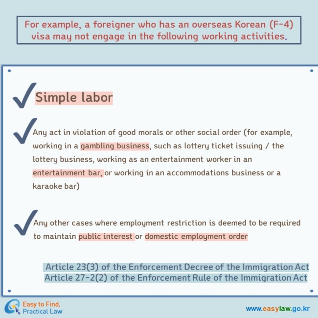 For example, a foreigner who has an overseas Korean (F-4) visa may not engage in the following working activities. √ Simple labor   √ Any act in violation of good morals or other social order (for example, working in a gambling business, such as lottery ticket issuing / the lottery business, working as an entertainment worker in an entertainment bar, or working in an accommodations business or a karaoke bar) √ Any other cases where employment restriction is deemed to be required to maintain public interest or domestic employment order Article 23(3) of the Enforcement Decree of the Immigration Act Article 27-2(2) of the Enforcement Rule of the Immigration Act  