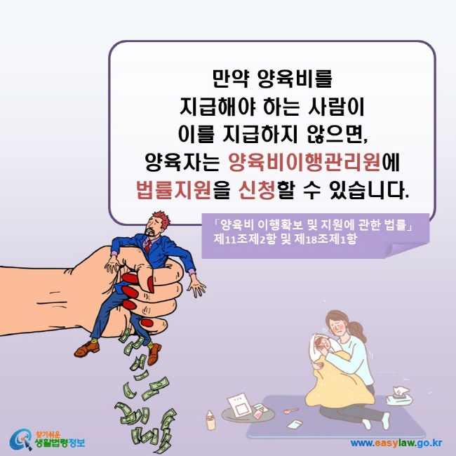 만약 양육비를 지급해야 하는 사람이 이를 지급하지 않으면, 양육자는 양육비이행관리원에 법률지원을 신청할 수 있습니다. (「양육비 이행확보 및 지원에 관한 법률」 제11조제2항 및 제18조제1항)