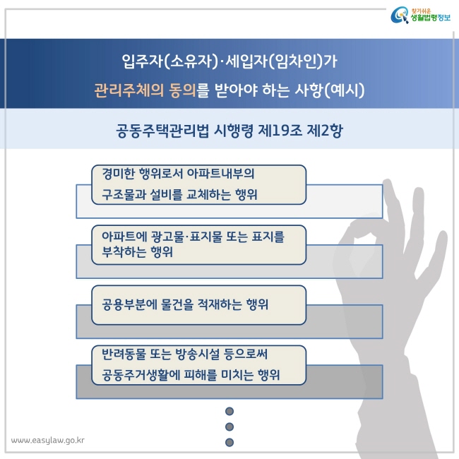 공동주택관리법 시행령 제19조 제2항
경미한 행위로서 아파트내부의 구조물과 설비를 교체하는 행위
아파트에 광고물·표지물 또는 표지를 부착하는 행위
공용부분에 물건을 적재하는 행위 
반려동물 또는 방송시설 등으로써 
공동주거생활에 피해를 미치는 행위
