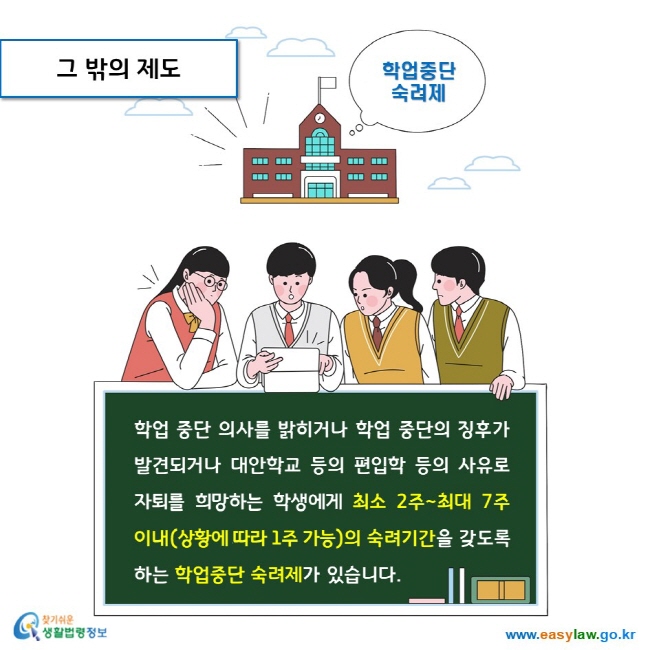 그 밖의 제도학업 중단 의사를 밝히거나 학업 중단의 징후가 발견되거나 대안학교 등의 편입학 등의 사유로 자퇴를 희망하는 학생에게 최소 2주~최대 7주 이내(상황에 따라 1주 가능)의 숙려기간을 갖도록 하는 학업중단 숙려제가 있습니다. 