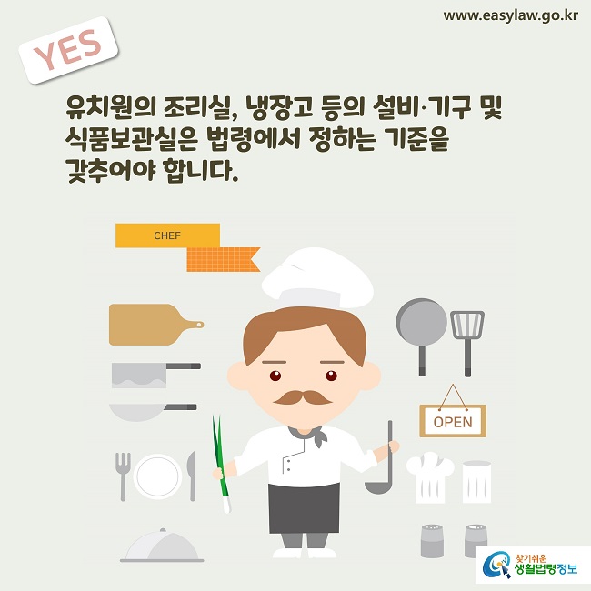 YES
유치원의 조리실, 냉장고 등의 설비∙기구 및 
식품보관실은 법령에서 정하는 기준을 
갖추어야 합니다.
