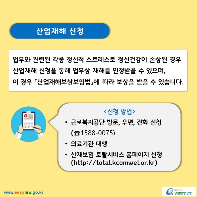 산업재해 신청

업무와 관련된 각종 정신적 스트레스로 정신건강이 손상된 경우 산업재해 신청을 통해 업무상 재해를 인정받을 수 있으며, 이 경우 「산업재해보상보험법」에 따라 보상을 받을 수 있습니다.

신청 방법
■ 근로복지공단 방문, 우편, 전화 신청(☎1588-0075)
■ 의료기관 대행
■ 산재보험 토탈서비스 홈페이지 신청(http://total.kcomwel.or.kr)