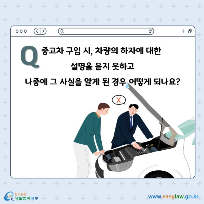 Q. 중고차 구입 시, 차량의 하자에 대한 설명을 듣지 못하고 나중에 그 사실을 알게 된 경우 어떻게 되나요?