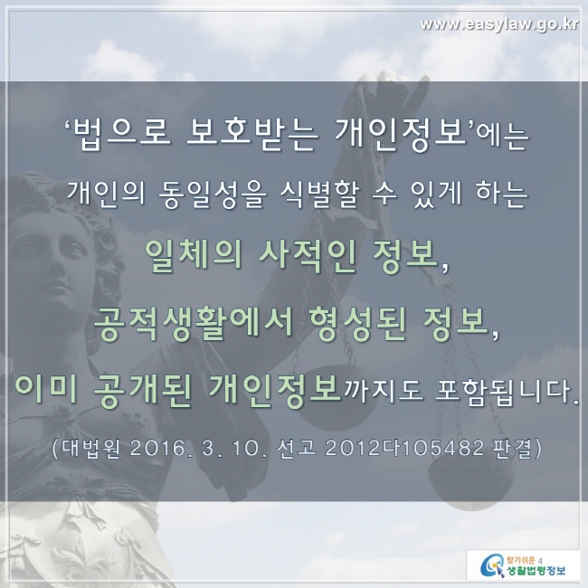 ‘법으로 보호받는 개인정보’에는 개인의 동일성을 식별할 수 있게 하는 일체의 사적인 정보, 공적생활에서 형성된 정보, 이미 공개된 개인정보까지도 포함됩니다. (대법원 2016. 3. 10. 선고 2012다105482 판결) 