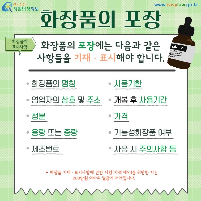 화장품의 포장: 화장품의 포장에는 다음과 같은 사항들을 기재·표시해야 합니다.  화장품의 명칭, 영업자의 상호 및 주소, 성분, 용량 또는 중량, 제조번호, 사용기한, 개봉 후 사용기간, 가격, 기능성화장품 여부, 사용 시 주의사항 등.  화장품 기재·표시사항에 관한 사항(가격 제외)을 위반한 자는  200만원 이하의 벌금에 처해집니다.