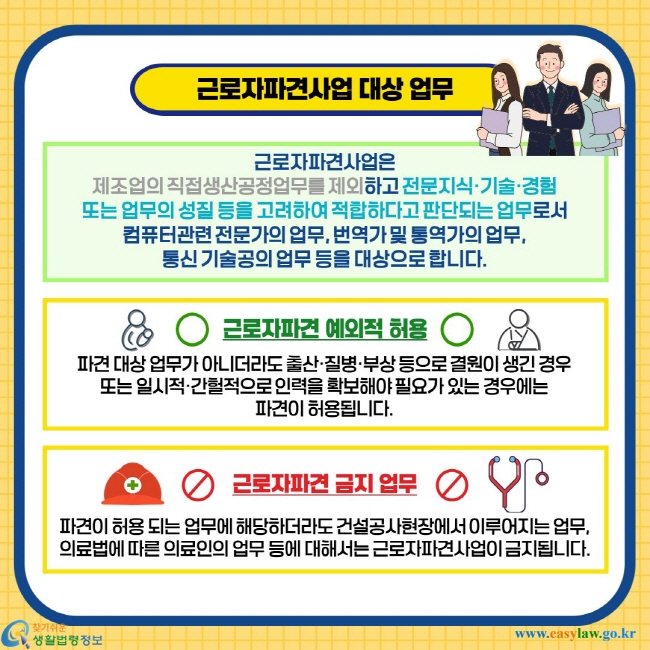 근로자파견사업 대상 업무. 근로자파견사업은 제조업의 직접생산공정업무를 제외하고 전문지식·기술·경험 또는 업무의 성질 등을 고려하여 적합하다고 판단되는 업무로서 컴퓨터관련 전문가의 업무, 번역가 및 통역가의 업무, 통신 기술공의 업무 등을 대상으로 합니다. 근로자파견 예외적 허용. 파견 대상 업무가 아니더라도 출산·질병·부상 등으로 결원이 생긴 경우 또는 일시적·간헐적으로 인력을 확보해야 필요가 있는 경우에는 파견이 허용됩니다. 근로자파견 금지 업무. 파견이 허용 되는 업무에 해당하더라도 건설공사현장에서 이루어지는 업무, 의료법에 따른 의료인의 업무 등에 대해서는 근로자파견사업이 금지됩니다.