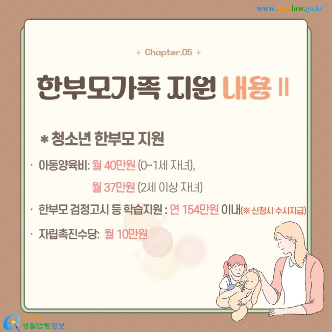   * 청소년 한부모 지원  ㆍ 아동양육비: 월 40만원 (0~1세 자녀),       월 37만원 (2세 이상 자녀)  ㆍ 한부모 검정고시 등 학습지원 : 연 154만원 이내(※ 신청시 수시지급)  ㆍ 자립촉진수당:  월 10만원