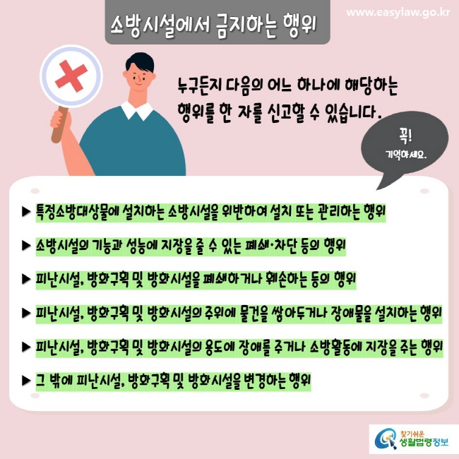 www.easylaw.go.kr 소방시설에서 금지하는 행위 누구든지 다음의 어느 하나에 해당하는 행위를 한 자를 신고할 수 있습니다. ▶ 특정소방대상물에 설치하는 소방시설을 위반하여 설치 또는관리하는 행위 ▶ 소방시설의 기능과 성능에 지장을 줄 수 있는 폐쇄·차단 등의 행위 ▶ 피난시설, 방화구획 및 방화시설을 폐쇄하거나 훼손하는 등의 행위 ▶ 피난시설, 방화구획 및 방화시설의 주위에 물건을 쌓아두거나 장애물을 설치하는 행위 ▶ 피난시설, 방화구획 및 방화시설의 용도에 장애를 주거나 소방활동에 지장을 주는 행위 ▶ 그 밖에 피난시설, 방화구획 및 방화시설을 변경하는 행위 꼭! 기억하세요. 